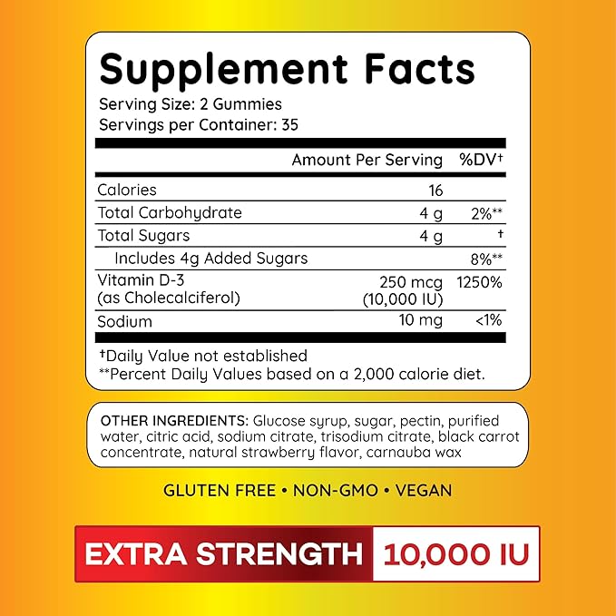 PAYÉ Vitamin D Gummies, D3, 10,000 IU (250 mcg) per Serving, Dietary Supplement for Bone, Teeth, Muscle and Immune Health Support Kids and Adults* - 140 Count