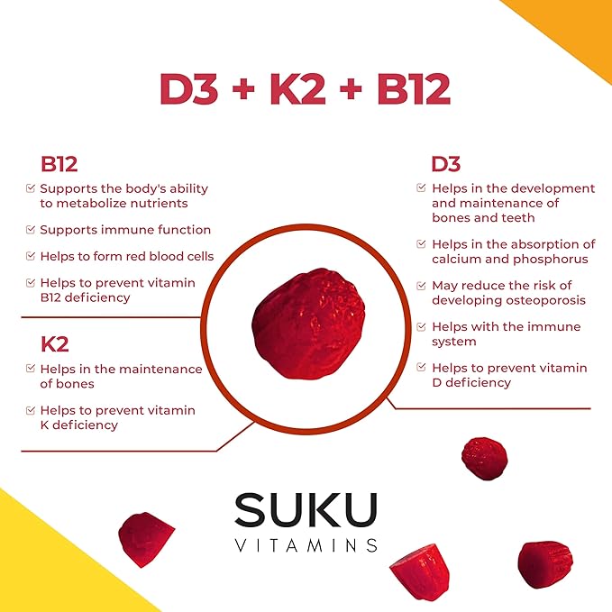 SUKU Vitamins ビーガンD3 + K2 + B12 シュガーフリー＆シュガーアルコールフリー ケト 2000IU ビタミンD グミサプリメント 丈夫な骨、免疫機能、健康な代謝をサポート レモンドラゴンフルーツ風味 (グミ50粒)