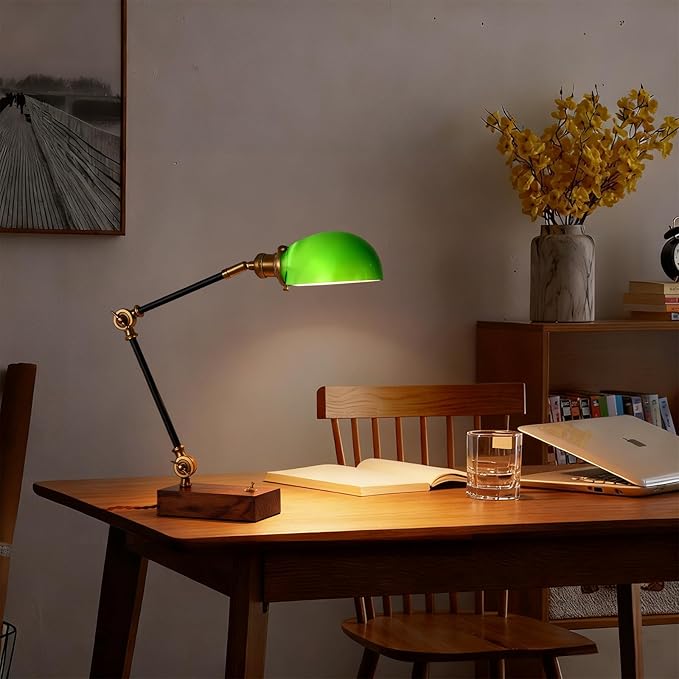 Bankers Lamp, Adjustable Traditional Green Desk Lamp with Solid Ash Wood Base, Green Glass Antique Library Lamp with Power Cord Switch, Plug in Vintage Bankers Table Lamp for Office 【E26 Socket】