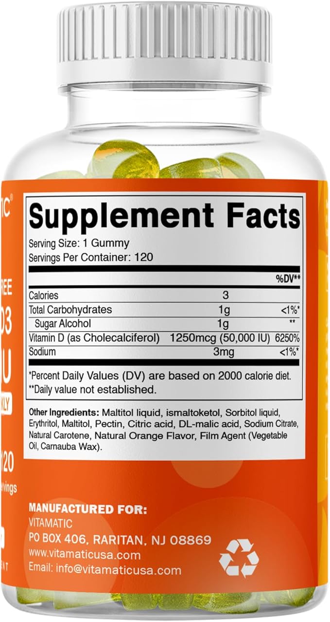 Vitamatic Sugar Free Vitamin D3 50,000 IU Weekly Supplement - 120 Pectin Based Gummies - Vitamin D Capsules for Bones, Teeth, and Immune Support (50000 IU)