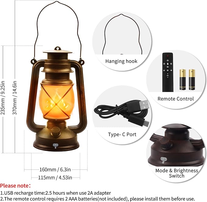 4 Pack Bronze Vintage 4 Modes Light LED Lanterns，Rechargeable Dancing Flame Lanterns Decorative Outdoor&Indoor, Remote Control Waterproof Hanging Lights for Camping,Patio Garden Pathway