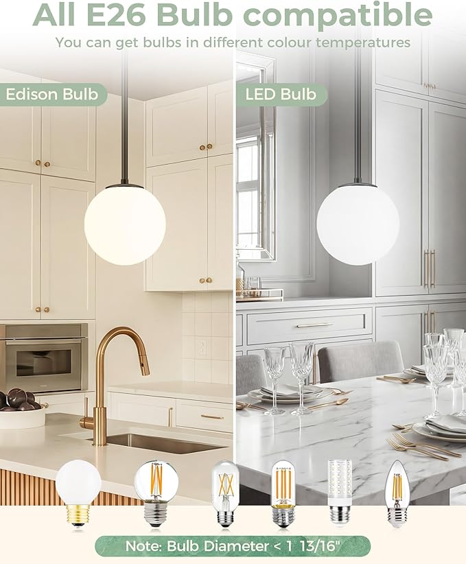 Majade Globe Pendant Lights Kitchen Island Mid Century Modern Pendant Light Fixtures 2 Pack 7.4 Inch Black Ceiling Lighting with Milk White Glass Shade Adjustable Hanging Light for Dining Room