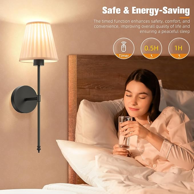 NIORSUN 19.9 inch Battery Operated Wall Sconce Set of 2,Beige Black Rechargeable Wall Lights with 5200mAh Dimmable Bulbs and Remote,9 Colors Wireless Wall Lamps for Bedroom Living Room Decor
