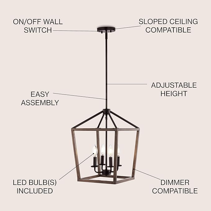 JONATHAN Y 13" Oil Rubbed Bronze/Faux Wood 4-Light Farmhouse Lantern Pendant Light, LED Cage Chandelier for Kitchen Island, Foyer, Entry, Metal Wood Finish Shade, Bulbs Included (JYL1322A)