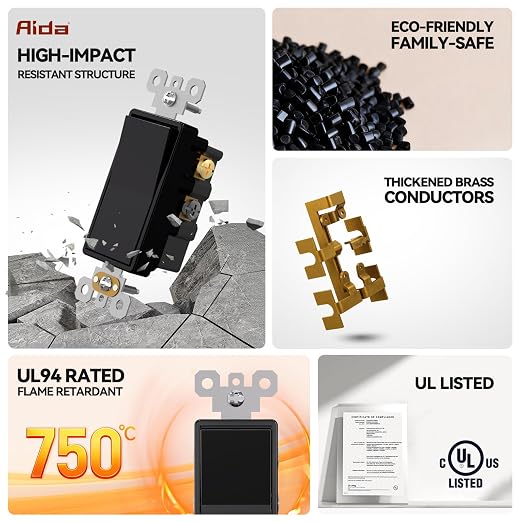 AIDA 4 Way Decorative Light Switch, 15Amp, 120/277 Volt, AC Decorator Rocker Wall Switch Replacement, Self-Grounding, Residential and Commercial Grade, UL Listed (10 Pack, Glossy Black)