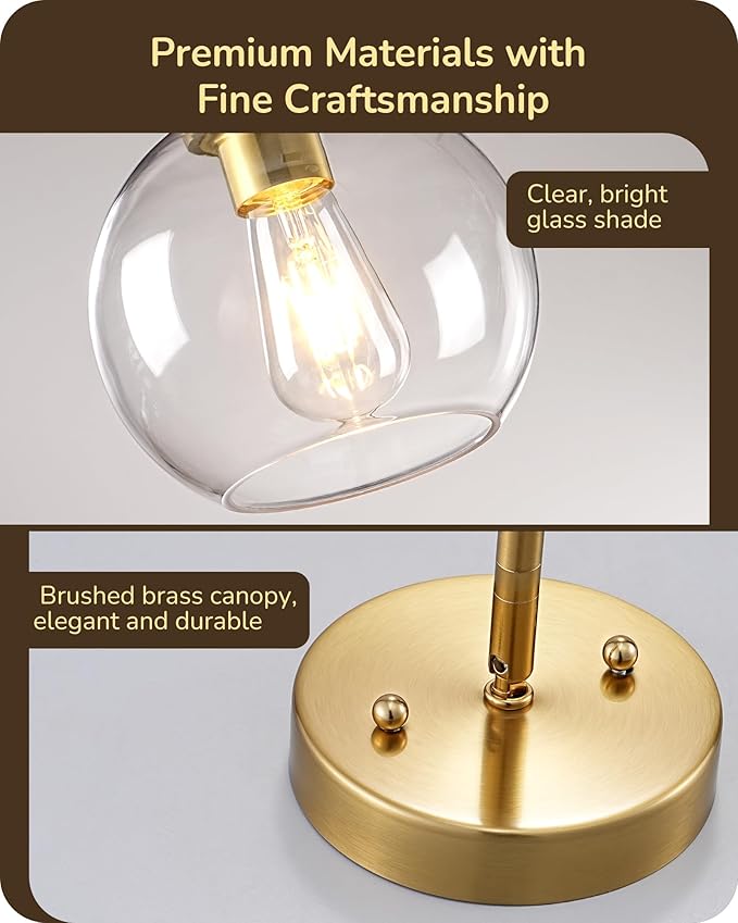EDISHINE Pendant Light Fixtures 2 Pack with Clear Glass Globe Shade, Gold Kitchen Hanging Lighting Over Island, Hardwired Adjustable Metal Rod for Dining Room, Entryway