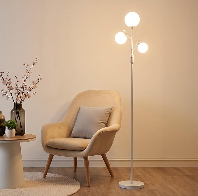 Fiqevs Mid Century Modern 3 Globe Tree Floor Lamp - Dimmable LED Standing Lamp with Bulbs, Warm Light for Living Room Bedroom Office - White