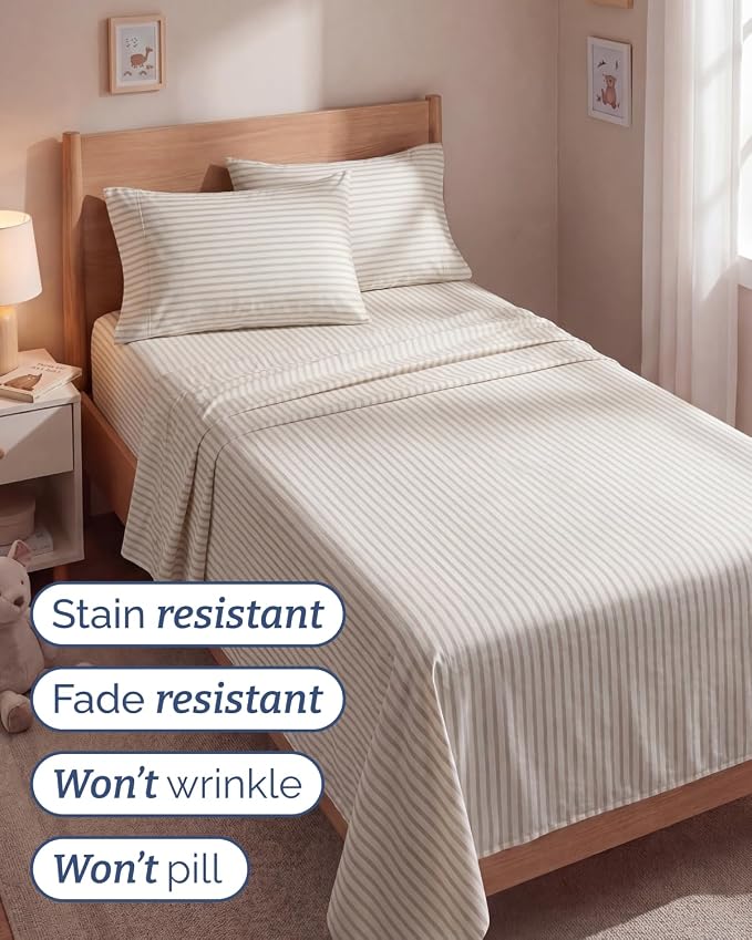 Twin 4 Piece Sheet Set - Comfy Breathable & Cooling - Soft Hotel Luxury Bedding Set with 8-16 Inch Deep Pockets - 1 Flat & 1 Fitted Sheet & 2 Pillowcases - Wrinkle Free & Easy Care - Beige Stripes 2