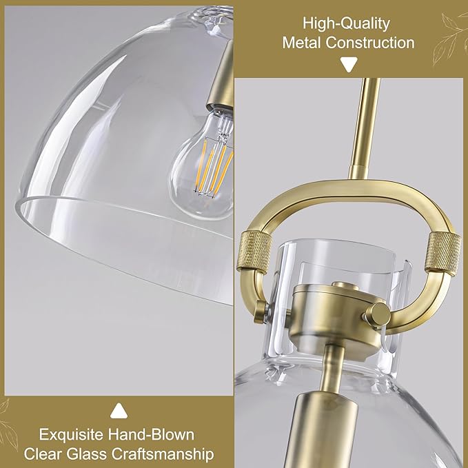 9.8'' Modern Pendant Lights for Kitchen Island, 1-Light Gold Glass Pendant Lighting, Adjustable Brass Hanging Pendant Lights Fixtures for Dining Rooms, Bathroom E26