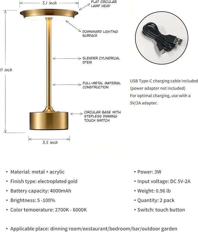 PUSU Rechargeable Table Lamps Set of 2, Gold Cordless LED 4000mAh Battery Desk Lamp, Stepless Dimming & 3 Color 2700K-6000K, Portable Lamp for Bedroom, Living Room, Restaurant, Outdoor, Night Light