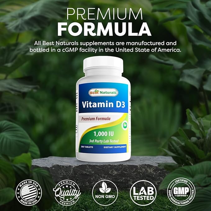 Best Naturals Vitamine D3 1000 UI – 300 Comprimés – Fabriqué aux États-Unis, Sans OGM, Sans Gluten, Sans Colorant, Arôme ou Conservateur Artificiel – Complément Alimentaire