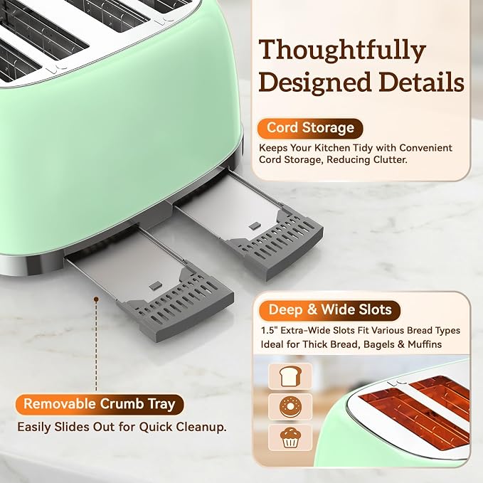 RONGBEST Retro Stainless Steel Toaster 4 Slice with Wide Slot Touch Screen, 6 Browning Levels for Breakfast Bagel & Bread, Reheat & Defrost, Removable Crumb Tray, Mint Green