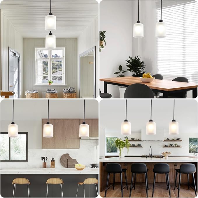 3 Pack Pendant Light Kitchen Island Pendant Lighting, Hanging Light with Frosted Glass Shade, Black Modern Indoor Hanging Lamp