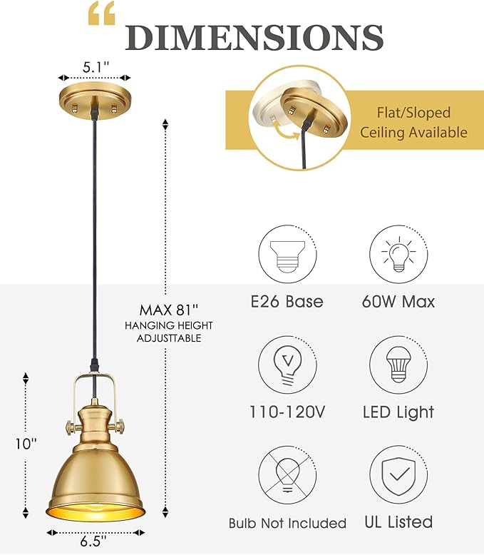 Pendant Lights Kitchen Island, Farmhouse Hanging Lights Fixtures with Metal Shade, Rustic Kitchen Pendant Lighting Over Island for Dining Room, Brushed Gold, AD-2151-1P-GD