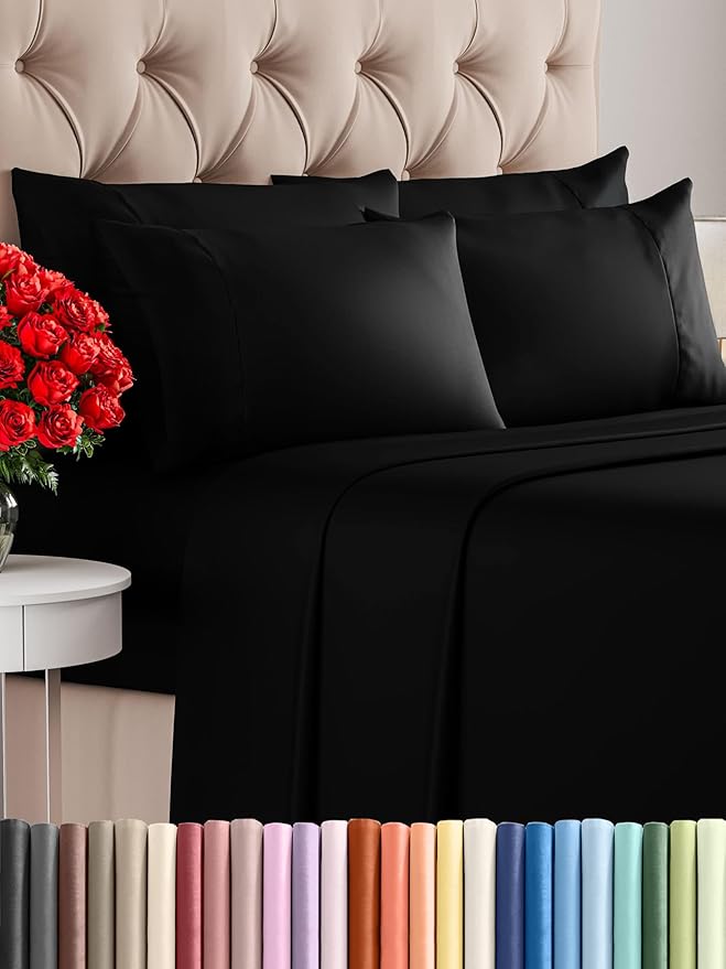 King 6 Piece Sheet Set - Comfy Breathable & Cooling - Ultra Soft Hotel Luxury Bedding Set with 8-16 Inch Deep Pockets - 1 Flat & 1 Fitted Sheet & 4 Pillowcases - Cozy, Wrinkle Free & Easy Care - Black