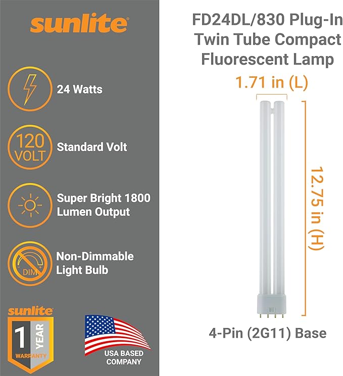 Sunlite FT24DL/830 Plug-in Twin Tube Compact Fluorescent Lamp, FT 4-Pin, 24 Watts, 1800 Lumens, 3000K Warm White, 4-Pin (2G11) Base, 120 Volts, 1 Pack