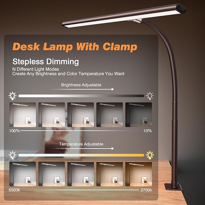 Airlonv LED Desk Lamp for Office Home, Eye-Caring Desk Light with Stepless Dimming Adjustable Flexible Gooseneck, 10W USB Adapter Desk Lamp with Clamp for Reading, Study, Workbench (Brown)