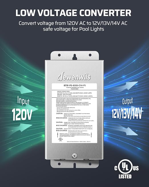 DEWENWILS 300W Low Voltage Pool Light Transformer, 120V AC to 12V/13V/14V AC, Multi-tap Safety Transformer for Pool Lighting, Spa, Underwater Fountain Lights, Outdoor Landscape Lights, UL Listed