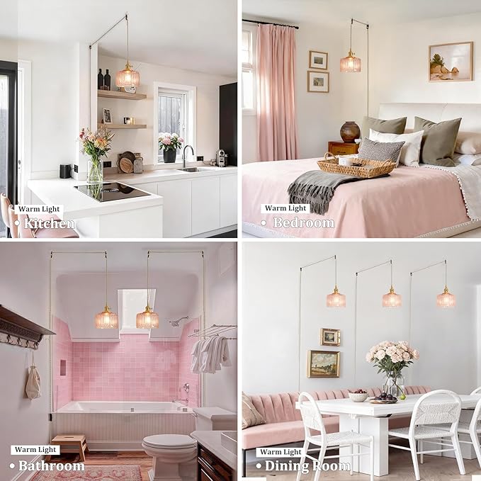 Shenmoyl Plug in Pendant Light Hanging Light Fixtures with Plugin Cord On/Off Switch,Pink Striped Glass Lampshade Brass Pendant Light