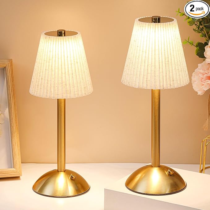 Liliful 2 Pcs Cordless Table Lamp Rechargeable Touch LED Small Gold Portable Battery Operated USB-c Desk Lamp 3 Color Dimmable for Bedroom Living Room Dining (Gold,Linen Fabric)