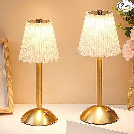 Liliful 2 Pcs Cordless Table Lamp Rechargeable Touch LED Small Gold Portable Battery Operated USB-c Desk Lamp 3 Color Dimmable for Bedroom Living Room Dining (Gold,Linen Fabric)