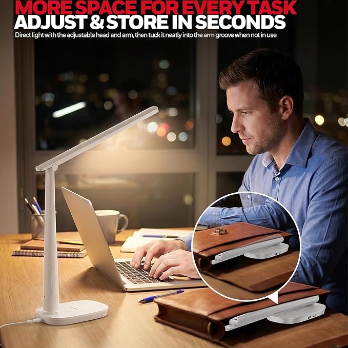 Honeywell LED Desk Lamp for Home Office, Eye-Caring Dimmable Reading Light with 4 Color Modes, Touch Control, USB-A & USB-C Charging Ports, Adjustable Head, Timer for Bedroom & Small Desks