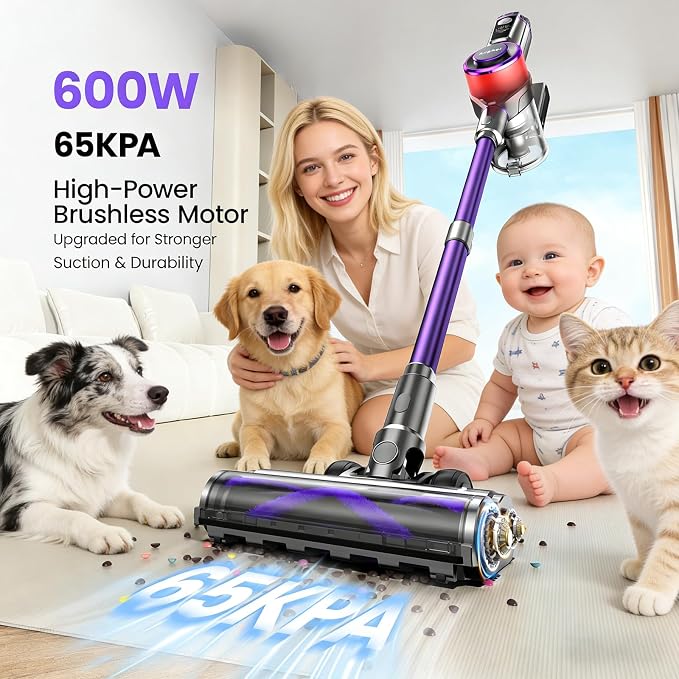Cordless Vacuum Cleaner,75Min Runtime,600W 65KPA Dual Motor Pet Hair Vacuum for Home with AI Auto Suction,Stick Vacuums with Self-Standing Design,for Carpet,Hardwood Floors,Gift Ideas for Her