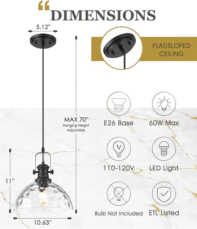 Large Pendant Lights Kitchen Island, 10.5" Farmhouse Black Pendant Lighting with Hammered Glass Shade, Vintage Hanging Light Fixtures for Dining Room Entryway, AD-22151-1PL-BK-H