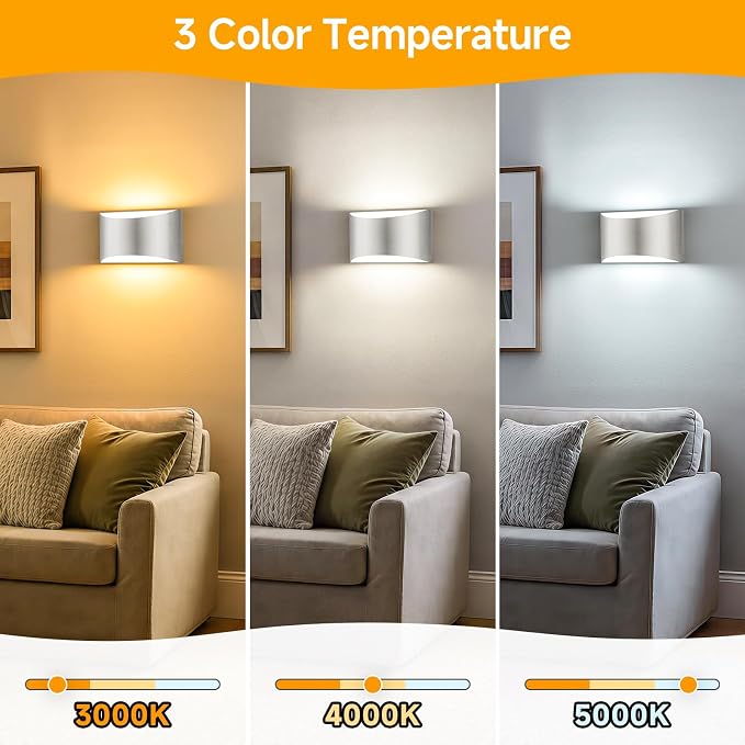 MATAMEYE Modern LED Wall Sconce Set of 2, Brushed Nickel Aluminum Indoor Wall Lighting Fixture, 3 Colors & Timer, Up/Down Dimmable Wall Mount Lamp