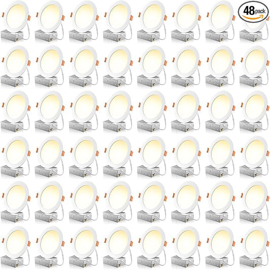 48 Pack 6 Inch 5CCT Ultra-Thin LED Recessed Ceiling Light with Junction Box, 2700K/3000K/3500K/4000K/5000K Selectable, 1050LM Brightness, Dimmable Canless Wafer Downlight, 12WEqv110W ETL&FCC