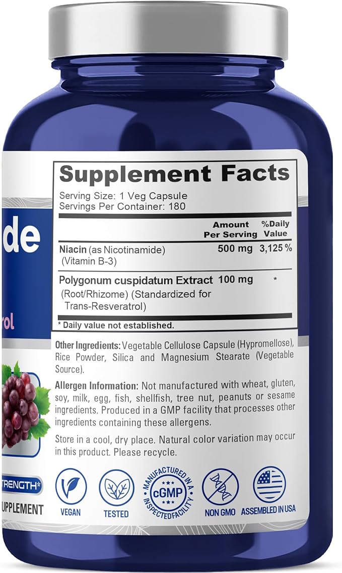 NusaPure Nicotinamide avec Resvératrol (Vitamine B-3) 500 mg - 180 Gélules Végétariennes (Sans OGM et Végane)