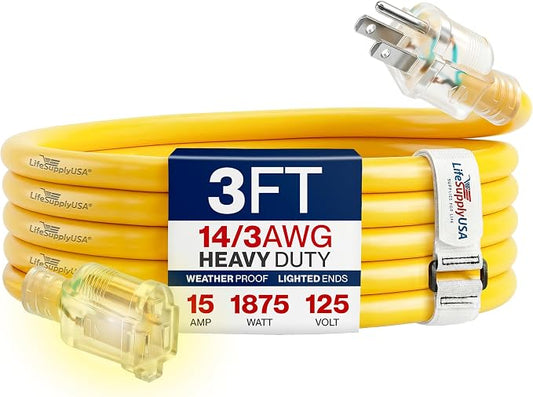 3ft Outdoor/Indoor Extension Cord 14/3 Gauge Heavy Duty 3 Prong SJTW, Waterproof, Flexible Cold-Resistant Long Power Cord,15A 125V 1875W, Yellow by LifeSupplyUSA