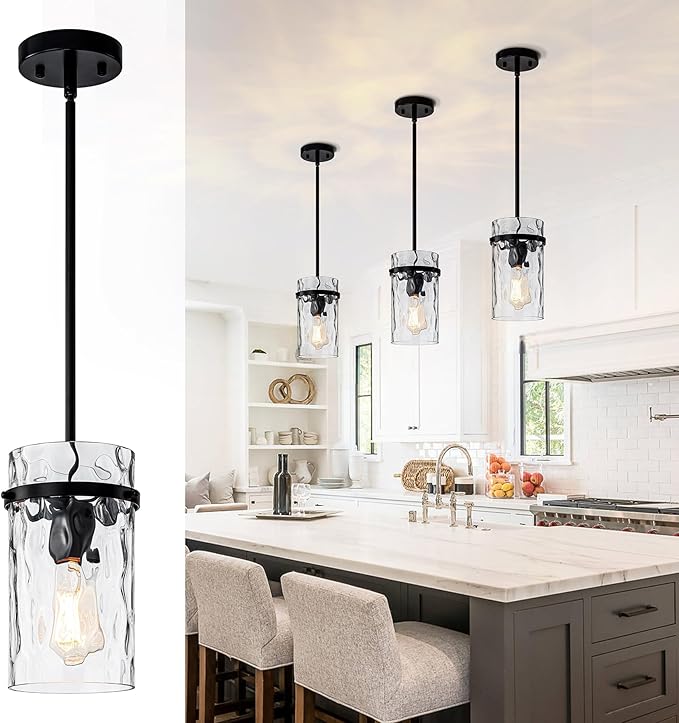 Farmhouse Hammered Glass Pendant Light, 5.5" Black Pendant Light, Modern Pendant Light Fixtures Over Island Lights for Kitchen Dining Room Light for Farmhouse Pendant Lighting 1 Pack