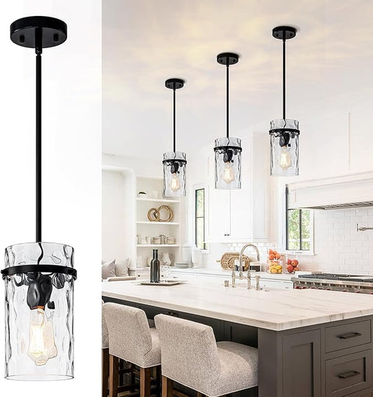 Farmhouse Hammered Glass Pendant Light, 5.5" Black Pendant Light, Modern Pendant Light Fixtures Over Island Lights for Kitchen Dining Room Light for Farmhouse Pendant Lighting 1 Pack