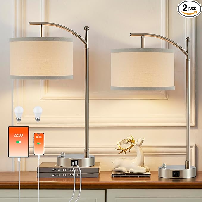 Table Lamp for Living Room Bedroom, 23.5" Table Lamps Set of 2 with USB C+A Ports, Bedside Lamps for Nightstand with Linen Lamp Shades, 2 Dimmable LED Bulbs Included, Silver