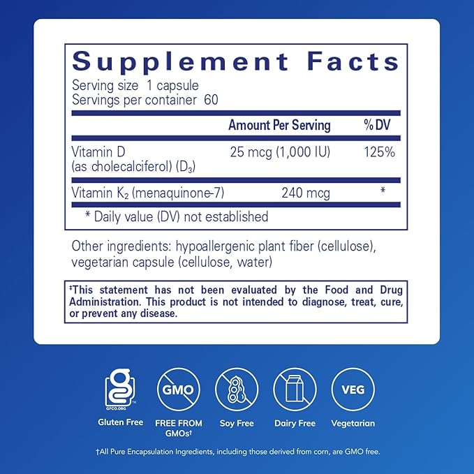 Pure Encapsulations PureHeart K2D - Complément pour la santé cardiaque* - avec Vitamine K2 & D3 - Cholécalciférol Vitamine D & MK-7 - Sans OGM & Végétarien - 60 Gélules