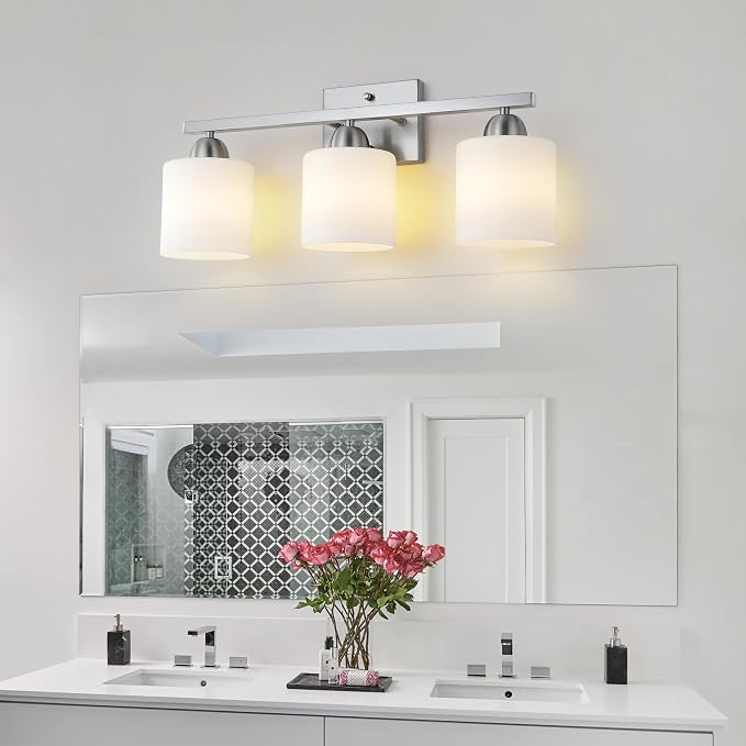 Mecgirn Stainless Steel Milk Glass Vanity Lights for Bathroom, 3 Light Brushed Nickel Bathroom Light Fixtures Over Mirror, Ceramic E26 Sockets Wall Mounted