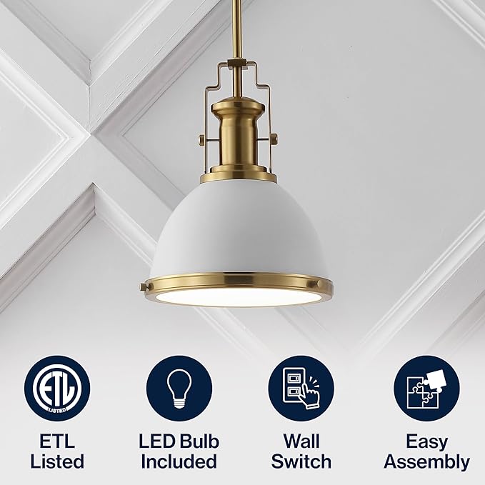 JONATHAN Y 10" Brass Gold/White Modern Industrial Iron LED Dome Pendant Light, Adjustable Hanging Fixture for Kitchen Island or Entryway, White Metal Shade, LED Bulb Included (JYL9535D)