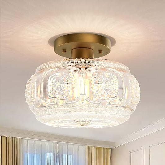 Semi Flush Mount Ceiling Light, Globe Glass Ceiling Light Fixture, Gold Modern Lighting for Hallway Porch Corridor Kitchen Bedroom, Bulb Not Included