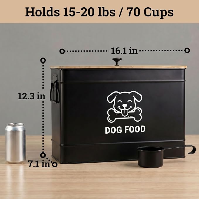 Dog Food Container Airtight 15 lb (50 Cup) Capacity with Metal Scoop - Cute Airtight Dog Food Storage Container with Bamboo Lid - Black Metal Kibble Storage Bin for Dogs up to 100 lbs - Big Pet Jar