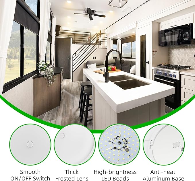 RV Puck Light 5Inch, Dimmable RV Light Fixture 12V, Camper Interior Light with Inbuilt Dimmer Switch, RV Ceiling Light for Boat Camper Trailer Car(Dimmable Cool White& Blue Nightlight, 6PCS)