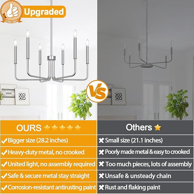 6-Light Farmhouse Chandelier for Dining Room Lighting Fixtures Hanging, Brushed Nickel Dining Light Fixtures Industrial Chandelier for Bedroom, Foyer, Hall, Kitchen, Living Room and Entryway