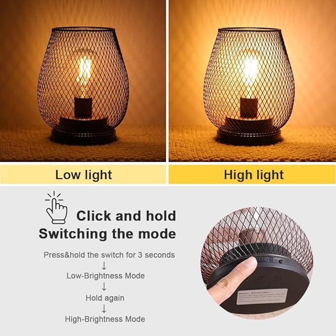 Set of 2 Rechargeable Lamp LED Table Lantern, Brown Metal Cage Cordless Lamps with LED Bulb，Vintage Decorative Outdoor Lantern for Weddings, Parties, Patio, Events for Indoors Shelf Decor