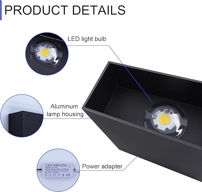 KICAAO LED Wall Sconces Set of Two, 12W Modern Wall Lamp, White Up Down Wall Mount Lights for Living Room Hallway Bedroom Decor, Hardwired Aluminum Wall lamp (Black-1pcs)