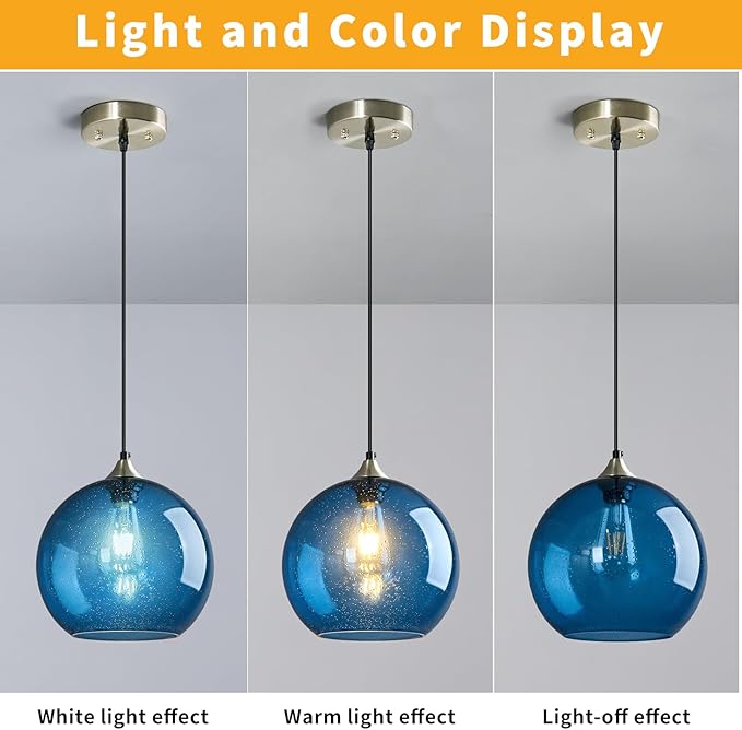 Mikeru Glass Globe Pendant Light Single, 5.9 Inch Blue Bubble Glass Hanging Lamp, Mid Century Modern Pendant Lighting for Kitchen Island Dining Room Bedroom (Bulb Not Included)