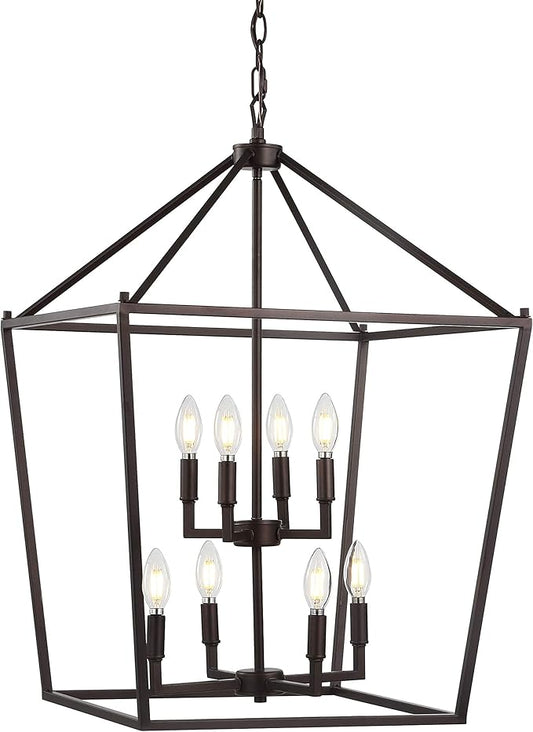JONATHAN Y 20" Oil Rubbed Bronze Lantern Pendant Light, 8-Light Pagoda Style Metal Cage Farmhouse Hanging Ceiling Fixture for Kitchen Island, LED Bulb Included (JYL7438A)