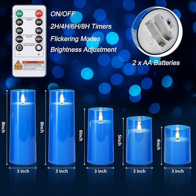 Homemory Blue Flickering Flameless Candles, Battery Operated Acrylic LED Pillar Candles with Remote Control and Timer, Blue Decor, Set of 5
