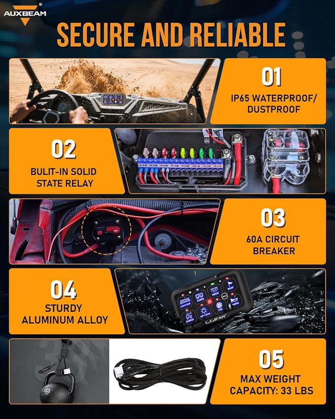 Auxbeam 8 Gang Switch Panel Bluetooth AR-800 RGB APP Control with Backlit Off Toggle Momentary Pulsed Auxiliary Switch Panel for Truck SUV ATV UTV RV Multifunction 12-24V Waterproof 3 Years Warranty