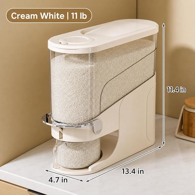 Rice Dispenser 11 Lb, Slim Rice Storage Container with Double Sealing Strip, Press to Dispense Cereal Container Airtight for Kitchen Pantry Organization, (Creamy Yellow-11lb)