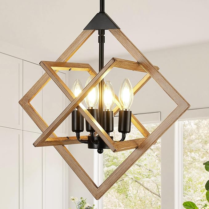 Modern Chandelier for Dining Room (18",4-Light), No Assembly Required Wood Grain Dining Room Light Fixture Over Table, Industrial Hanging Pendant Lights Fixture for Kitchen Island, Entryway, Foyer